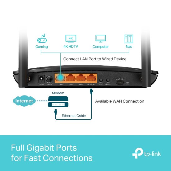 Usmerjevalnik TP-LINK Archer MR600 V2, 802.11a/b/g/n/ac, 4G+ SIM, dvopasovni gigabitni Archer MR600 usmerjevalnik, 3 x 10/100/1000 LAN + 1 x 10/100/1000 WAN + 1 x 4G SIM, 2 anteni, brezžični