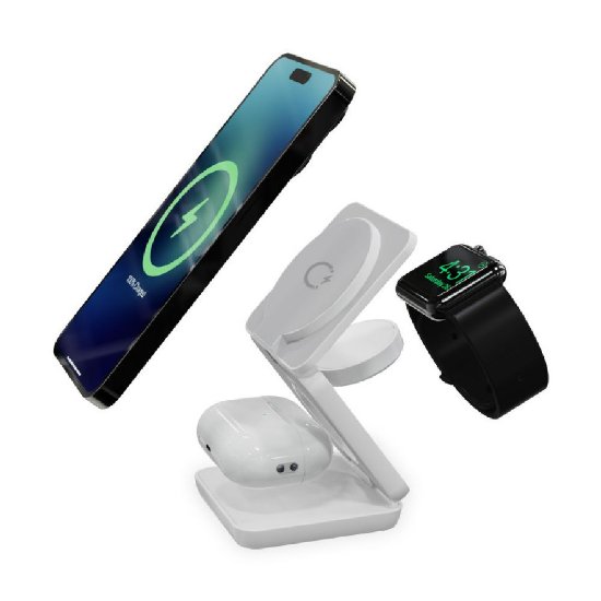 Bežični punjač KSIX Cube 3in1, 15W, MagSafe/Qi, za 3 uređaja, sklopivi, bijeli