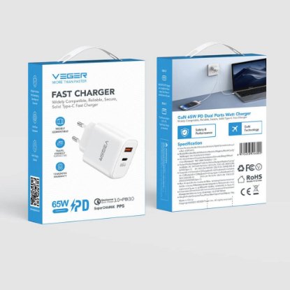 Polnilec VEGER CPD65E, 65W, USB-A, USB-C, QC3.0, bijeli