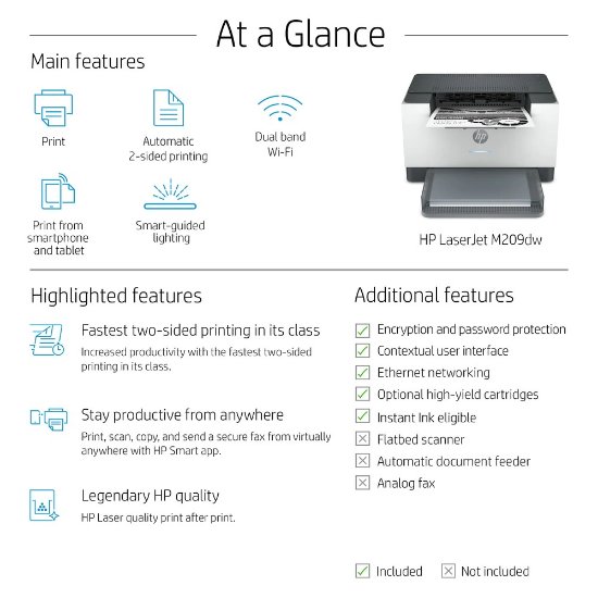 Printer HP LaserJet M209dw 6GW62F, 64MB, WiFi, LAN, USB, BT, bijeli