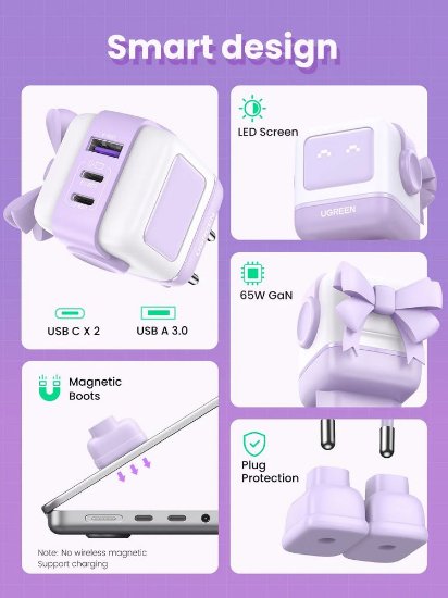 Kućni punjač UGREEN Nexode RG, 65W, 1x USB-A, 2x USB-C, LED ekran, ljubičasti