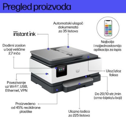 Multifunkcijski printer HP OfficeJet Pro 8122e , 405U3B, printer/scanner/copy, 4800dpi, WiFi, LAN, USB, bijeli, Instant Ink