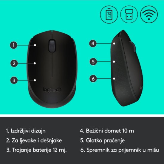 Miš LOGITECH M171, optički, bežični, crni
