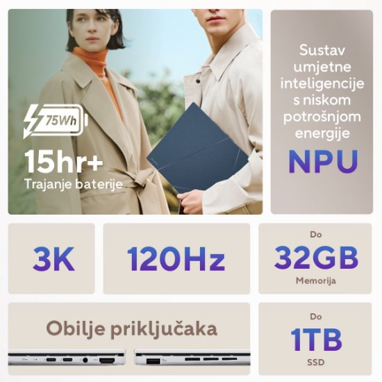 Laptop ASUS Zenbook UX3405CA-PZ067X / Core Ultra 9 285H, 32GB, 1TB SSD, Intel HD Graphics, 14" 2,8K 120Hz OLED, Windows 11 Pro, srebrni