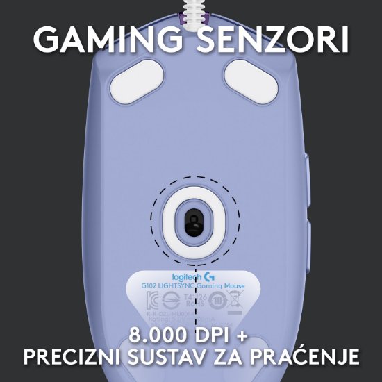 Miš LOGITECH Gaming G102 Lightsync, optički, 8000dpi, lilac, USB