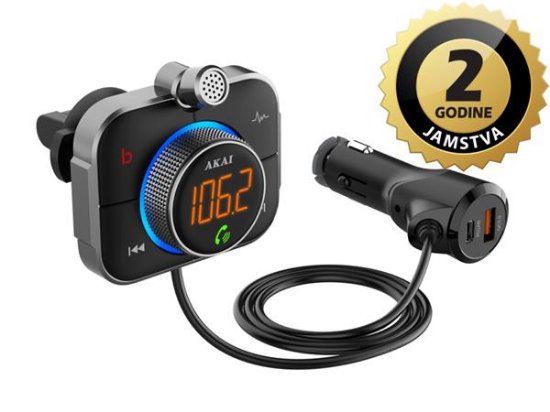 FM transmiter AKAI FMT-95BT Pro, USB-C punjač, BT, HandF, microSD, 12-24V, crni