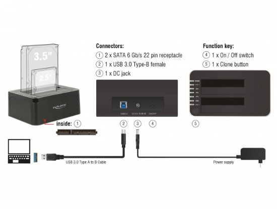 Docking station DELOCK, Dvostruka priključna stanica SATA HDD > USB 3.0 s funkcijom kloniranja, crni
