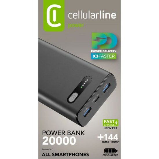 Mobilni USB punjač CELLULARLINE, Fast PD,20000 mAh, crni