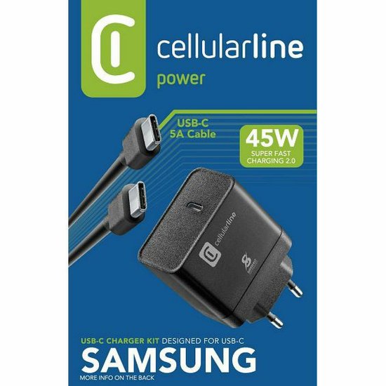 Kućni punjač CELLULARLINE, za Samsung, 45W, USB-C, Super Fast 2.0, crni + kabel USB-C 1m