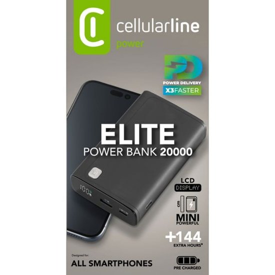 Mobilni USB punjač CELLULARLINE, Elite, 20000mAh, crni