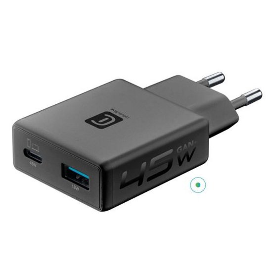 Kućni punjač CELLULARLINE, GAN+, 45W, Slim, USB-C, USB-A, crni