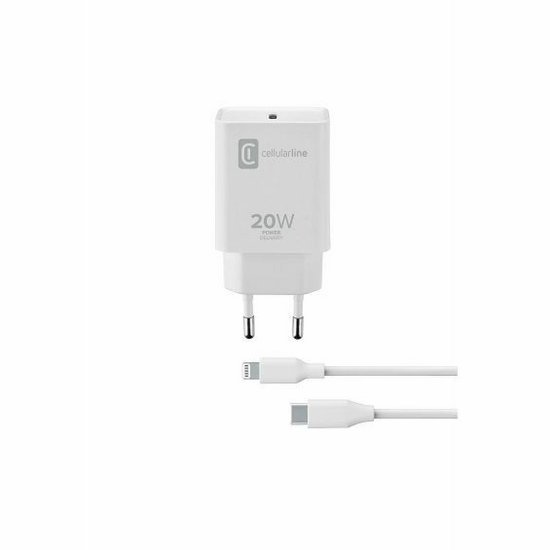 Kućni punjač CELLULARLINE, za Apple, 20W, USB-C, MFI, bijeli + kabel Lightning 1m