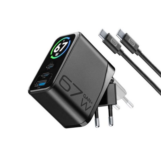 Kućni punjač CELLULARLINE, GAN+, 67W, Powerview IQ, 2x UCB-C, USB-A, crni + USB-C kabel