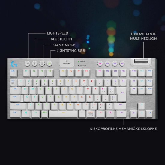 Tipkovnica LOGITECH Gaming G915 TKL Tenkeyless Lightspeed,Tactile switch, RGB, mehanička, bežična, UK Layout, USB, bijela