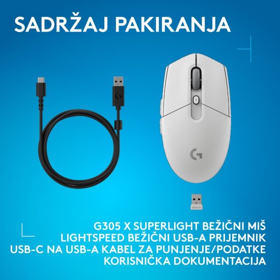 Miš LOGITECH G305 X SUPERLIGHT, Gaming, optički, 44000dpi, USB, bijeli