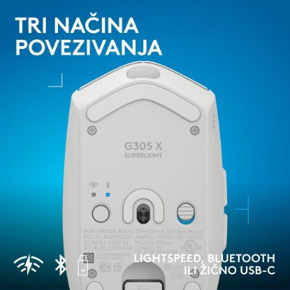 Miš LOGITECH G305 X SUPERLIGHT, Gaming, optički, 44000dpi, USB, bijeli