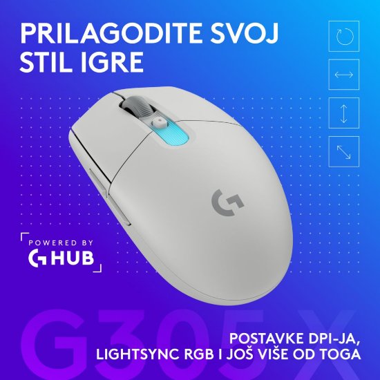Miš LOGITECH G305 X SUPERLIGHT, Gaming, optički, 44000dpi, USB, bijeli