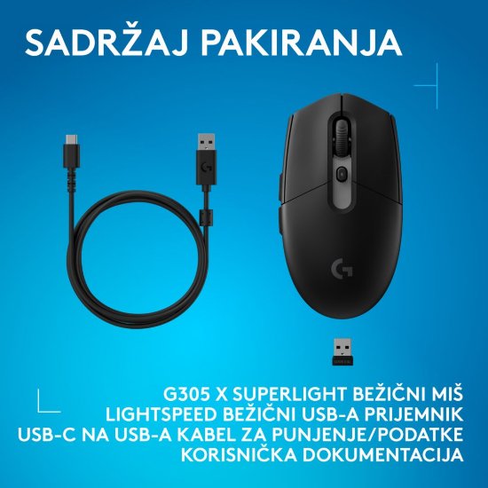 Miš LOGITECH G305 X SUPERLIGHT, Gaming, optički, 44000dpi, USB, crni