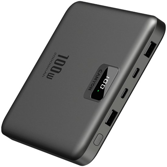 Mobilni USB punjač CANYON PB-2008 LED Flat, 20000mAh, PD 100W, QC3.0, 2x USB-A, 2x USB-C, sivi
