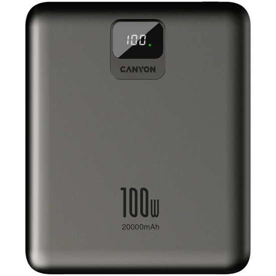 Mobilni USB punjač CANYON PB-2008 LED Flat, 20000mAh, PD 100W, QC3.0, 2x USB-A, 2x USB-C, sivi