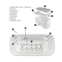 Organizator kabela s utičnicama, 5 šuko + 2 USB (A+C), 250 V, max. 16 A / 3680 W, bijeli