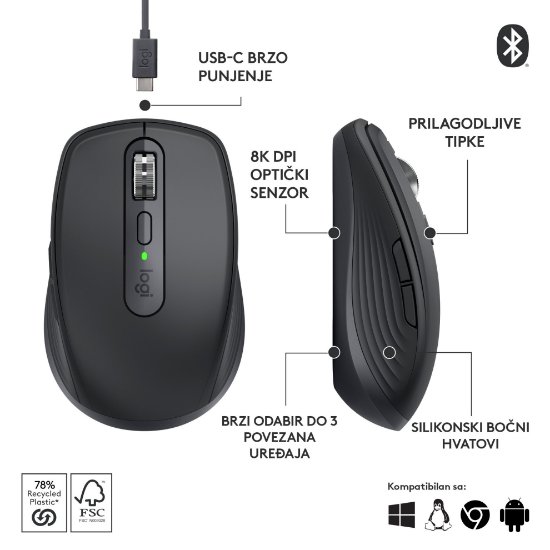 Miš LOGITECH MX Anywhere 3S, laserski, bežični, BT, graphite