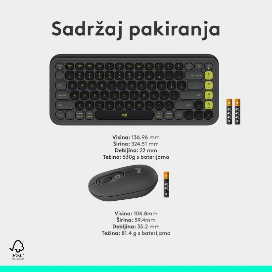 Tipkovnica + miš LOGITECH POP Icon Combo, bežična, US Layout, BT, sivo-zelena