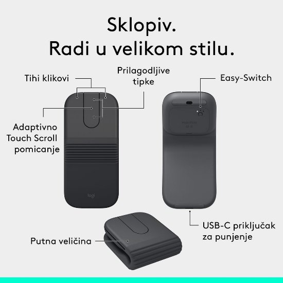 Miš LOGITECH Mobi Fold, bežični, crni
