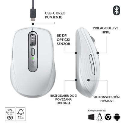 Miš LOGITECH MX Anywhere 3S, laserski, bežični, BT, pale gray