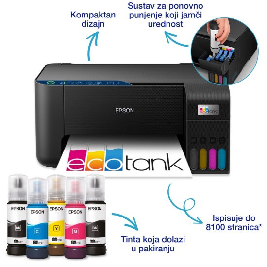 Multifunkcijski printer EPSON EcoTank L3271, printer/scanner/copy, 5760 x 1440, WiFi, USB, crni