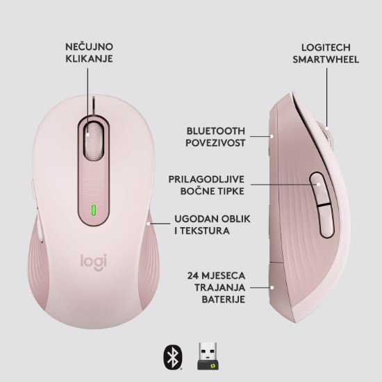 Miš LOGITECH M650 L, bežični, optički, 4000dpi, USB, BT, rozi