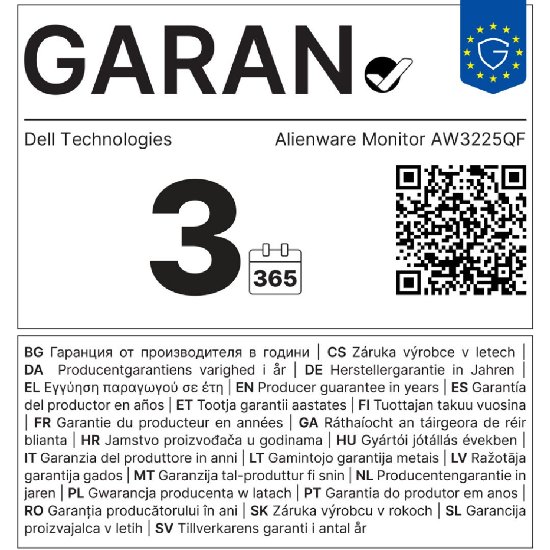 Gaming monitor 32" DELL Alienware AW3225QF, 4K UHD, OLED, 240Hz, 0,03ms, 250cd/m2, G-Sync, zakrivljeni, crno-bijeli
