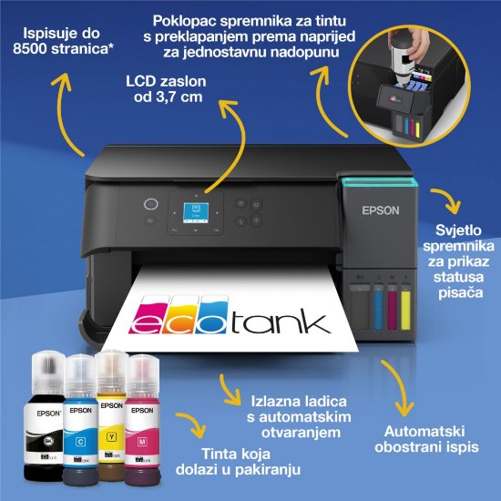 Multifunkcijski printer EPSON EcoTank L4360, printer/scanner/copy, 4800 x 1200, USB, WiFi, crni