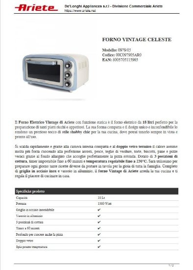 Mini pećnica ARIETE Vintage 979/05, 1380 W, 18 l, plava