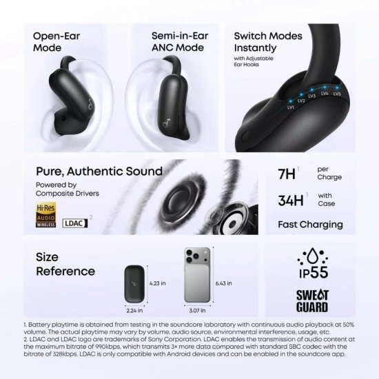 Slušalice ANKER Soundcore AeroFit 2 Pro, bežične, BT 6.1, Open-Ear, ANC, mikrofon, crne
